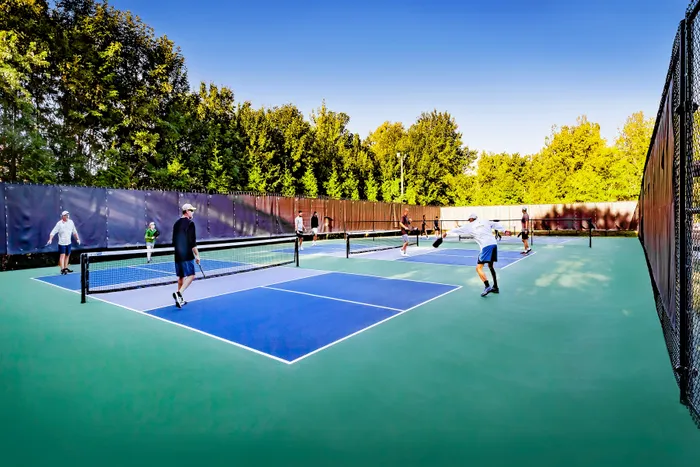 Vibrant pickleball courts surrounded by lush greenery, featuring players actively engaging in a match on a sunny day.