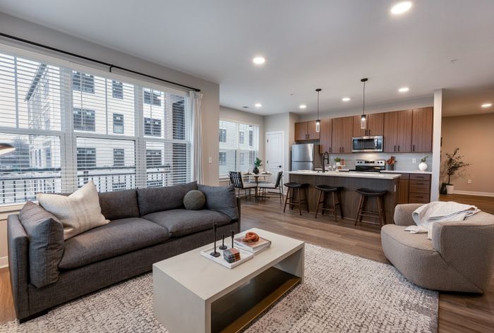 Chic open-concept apartment living room with modern kitchen, cozy seating, and abundant natural light from large windows.
