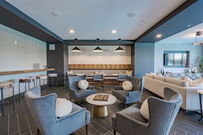 Elegant living space featuring plush gray seating, modern lighting, and a cozy entertainment area, perfect for relaxation and social gatherings.