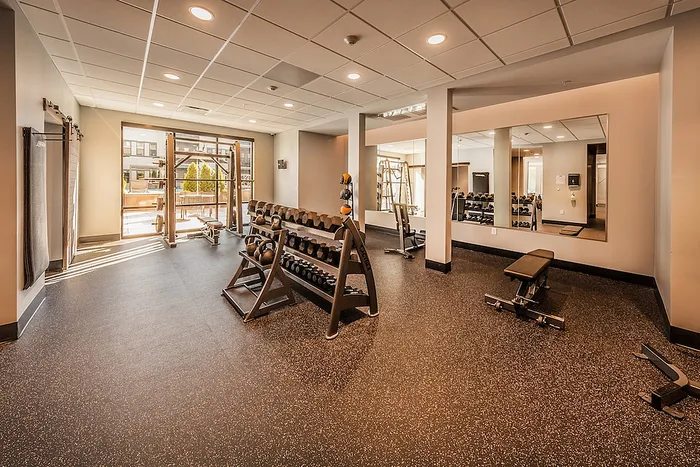 Spacious and modern fitness center with natural light, featuring a variety of exercise equipment and sleek design.