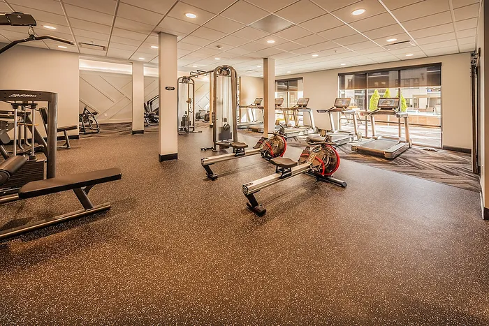 Modern fitness center equipped with state-of-the-art treadmills, rowing machines, and strength training equipment in a well-lit, spacious setting.