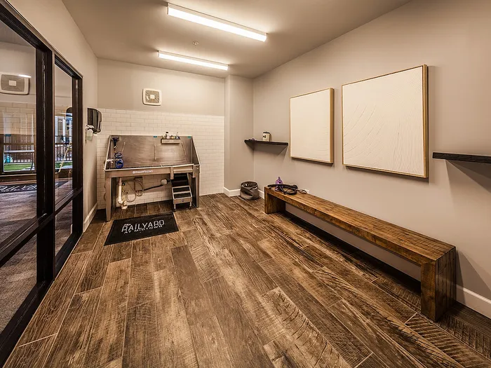 Modern and sleek pet wash station with stylish wooden flooring and contemporary art on the walls, designed for convenience and comfort.