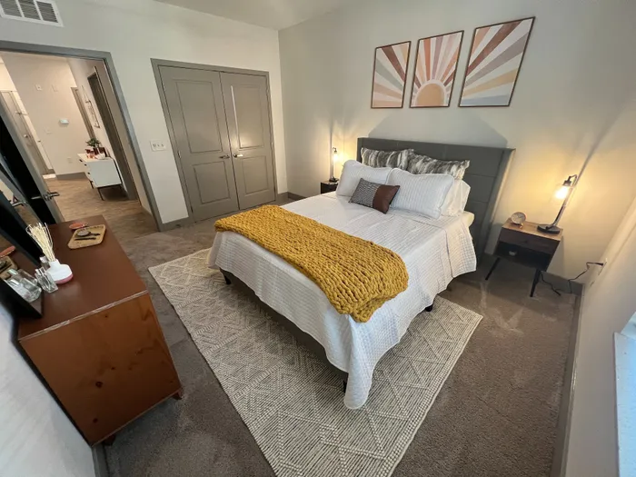 Bright bedroom in 1 bedroom apartment at The Pointe on Mass downtown Indianapolis