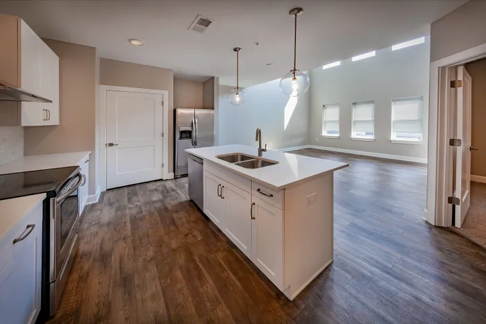 Contemporary open-plan kitchen and living area with natural light, featuring sleek cabinetry and stylish pendant lighting.
