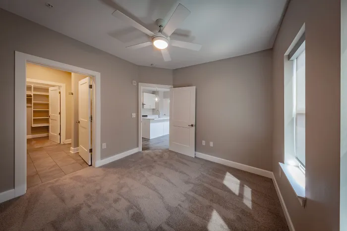 Bright and spacious bedroom with plush carpeting, large window, and a ceiling fan, leading to a walk-in closet and modern kitchen.