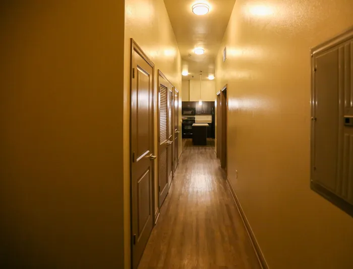 Inviting hallway with warm lighting leading to a modern kitchen, showcasing sleek appliances and a cozy atmosphere.