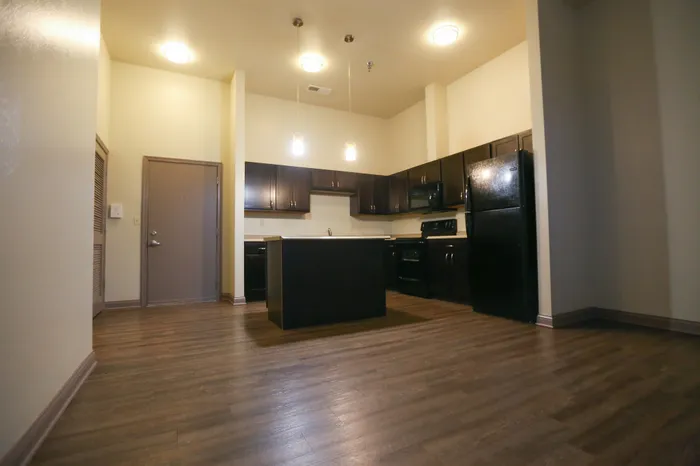 Modern kitchen with stylish dark cabinetry, sleek appliances, and warm wood flooring, perfect for contemporary living.