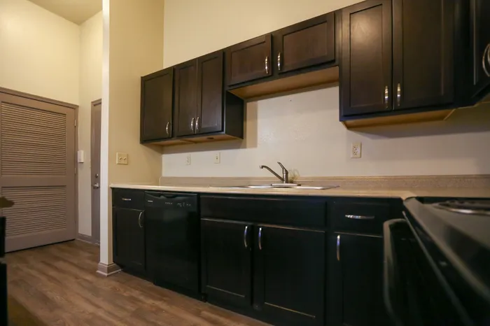 Modern kitchen with sleek dark wood cabinets, elegant countertops, and contemporary appliances, ideal for culinary enthusiasts.