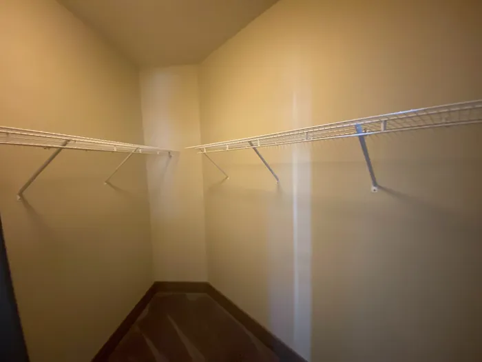Spacious walk-in closet with dual shelving, perfect for organized storage and maximized space efficiency.