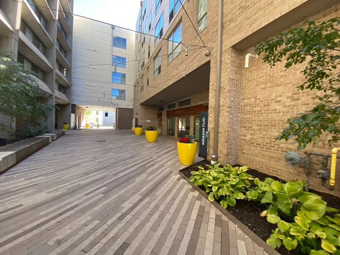 Inviting outdoor courtyard with modern architecture, vibrant yellow planters, and lush greenery, perfect for relaxation and socializing.
