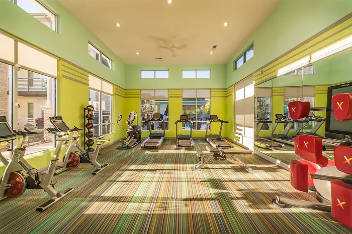 Bright and modern fitness center with high ceilings, featuring state-of-the-art exercise equipment including spin bikes and treadmills.