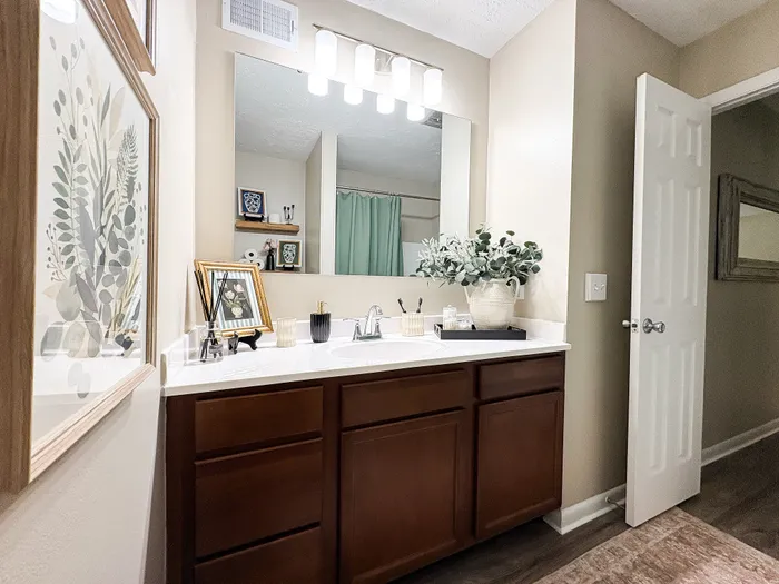 Elegant bathroom with modern vanity, decorative artwork, and lush greenery for a serene atmosphere.