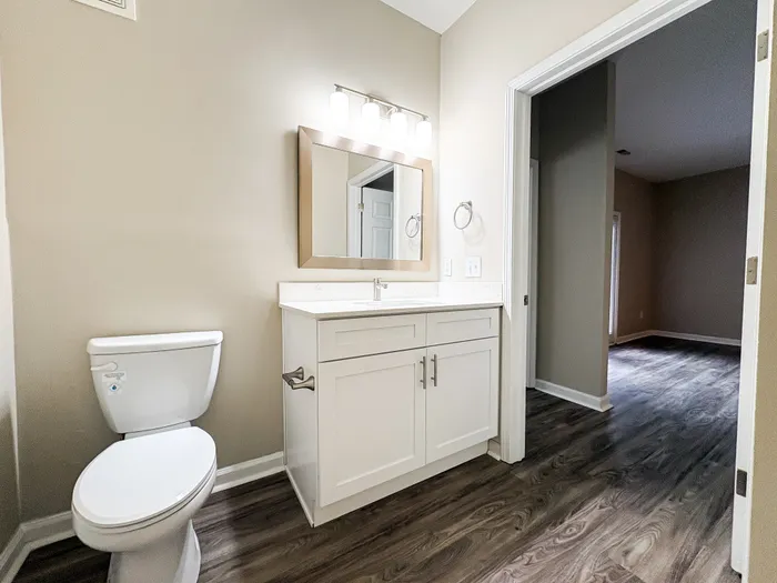 Modern bathroom with elegant wood flooring, stylish vanity, and ample natural light from adjacent room.