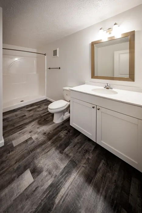 Modern bathroom with elegant wood flooring, sleek white vanity, and spacious walk-in shower.
