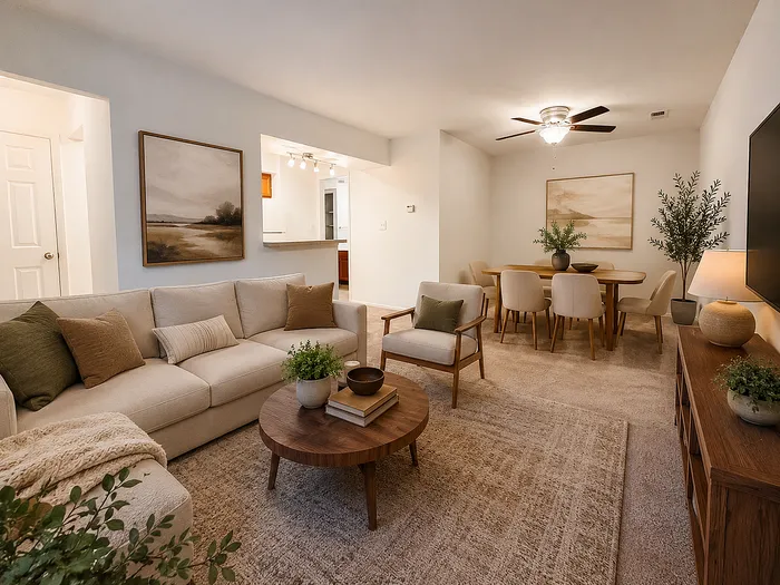 Elegant living room with cozy beige sofa set, wooden coffee table, modern dining area, and stylish decor for a welcoming ambiance.