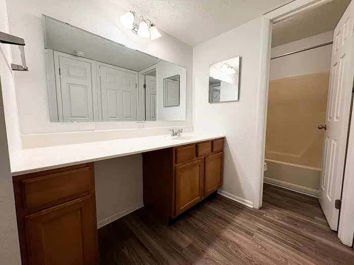 Inviting bathroom featuring a large mirror, elegant lighting, and wooden cabinetry with a spacious countertop.