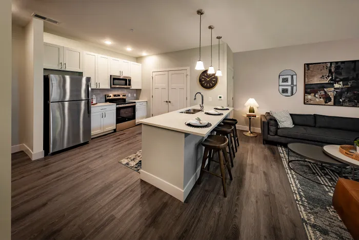Modern open-concept kitchen and living room with sleek stainless steel appliances, elegant pendant lighting, and stylish decor for a welcoming ambiance.