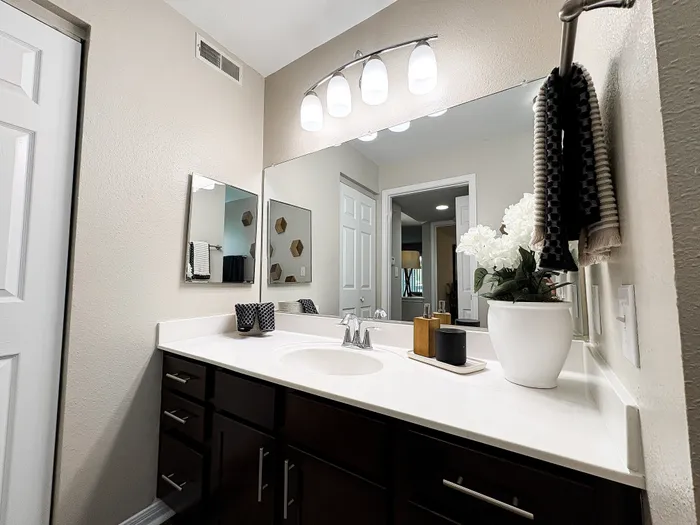 River Crossing elegant bathroom featuring a modern vanity with a large mirror, sleek light fixtures, and stylish décor, offering a calm and inviting ambiance.