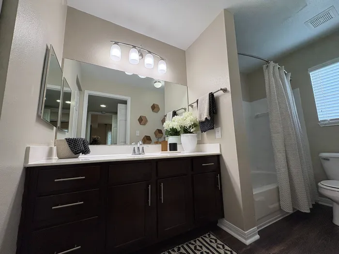 River Crossing modern bathroom with elegant dark wood cabinetry, sleek countertop, and stylish lighting, offering a serene retreat.