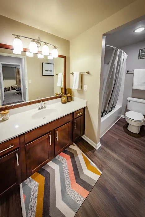 Stylish bathroom featuring modern lighting with elegant wood cabinetry.