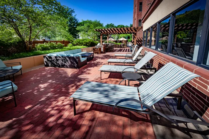 Inviting outdoor patio with stylish lounge chairs and lush greenery, perfect for relaxation and entertaining.