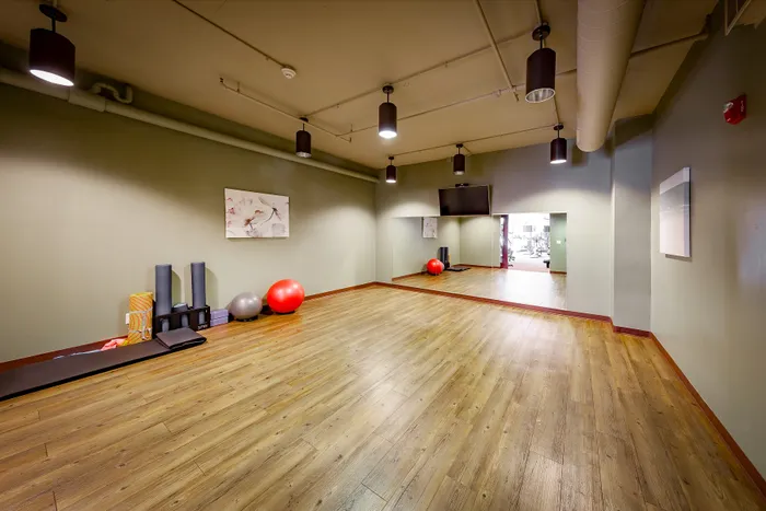 Modern fitness room with wooden flooring, equipped with exercise balls, mats, and wall mirror for a versatile workout experience.