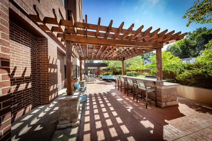 Charming outdoor patio with wooden pergola, shaded seating, and vibrant garden views, perfect for relaxation and social gatherings.