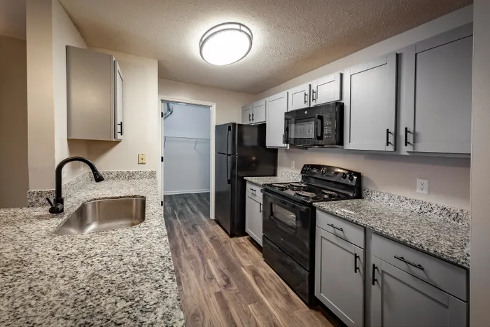 Modern kitchen with sleek gray cabinets, granite countertops, and contemporary appliances, showcasing a sophisticated design.