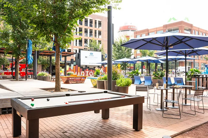 Midtown Carmel Indiana plaza with outdoor pool table