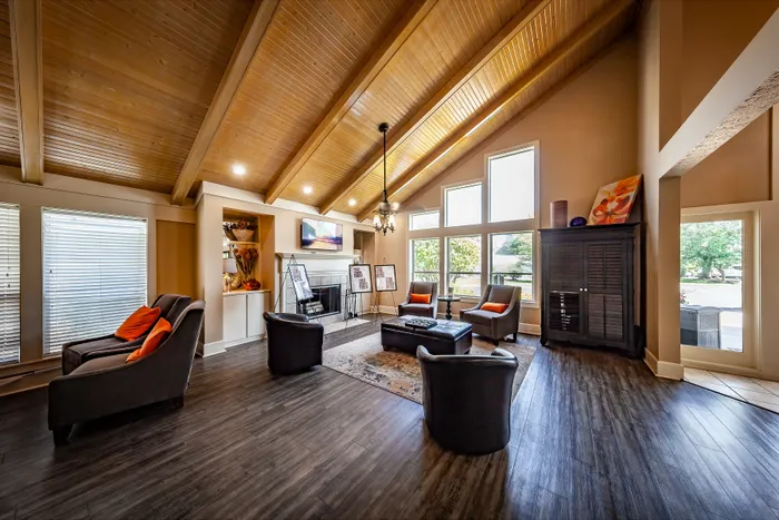 Inviting living room with vaulted wooden ceilings, modern furniture, and large windows offering abundant natural light.