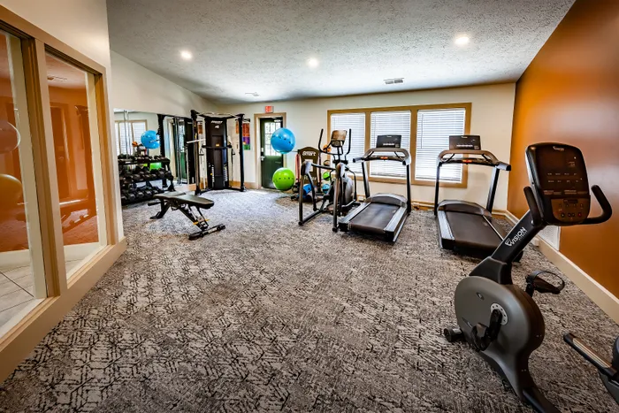 Modern apartment gym featuring state-of-the-art treadmills, exercise bike, and strength training equipment.
