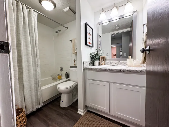 Modern bathroom with elegant finishes, featuring a stylish lighting, and a cozy bathtub in a bright setting.