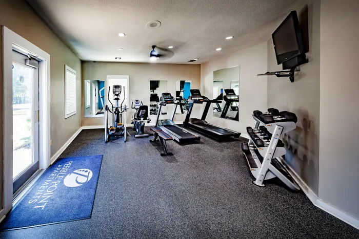 Pebble Point Apartments - Modern apartment gym featuring state-of-the-art treadmills, elliptical machines, and free weights in a well-lit, inviting space at Pebble Point Apartments.