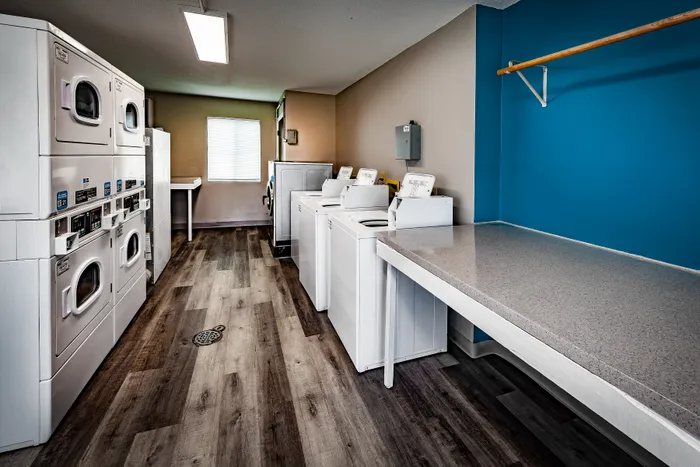 Pebble Point Apartments - Modern laundry room featuring multiple washers and dryers with sleek wood flooring and vibrant blue accent wall.