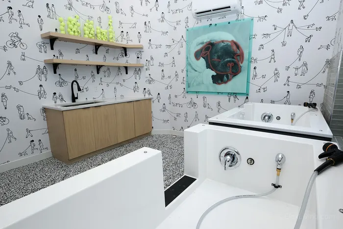The Elex Apartments - Chic pet spa featuring modern decor with black and white illustrated wallpaper, a cozy dog-themed wall art, and a sleek bathtub next to a stylish wooden vanity with a polished countertop.