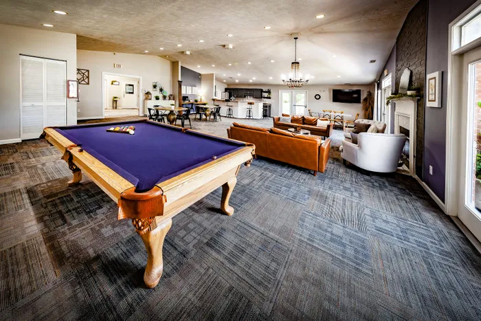 Inviting recreational lounge with a stylish pool table and cozy leather sofa by a modern fireplace.
