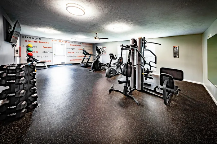 Bright and motivational home gym with modern fitness equipment, vibrant wall art, and natural lighting.