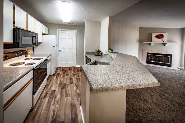 Charming modern kitchen with sleek countertops, elegant wood flooring, and a cozy living space with a fireplace.
