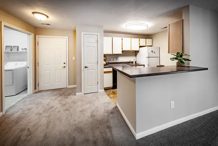 Cozy apartment interior showcasing a modern kitchen with stylish cabinetry, adjacent to a neatly carpeted hallway leading to a laundry area. Perfect blend of comfort and functionality.