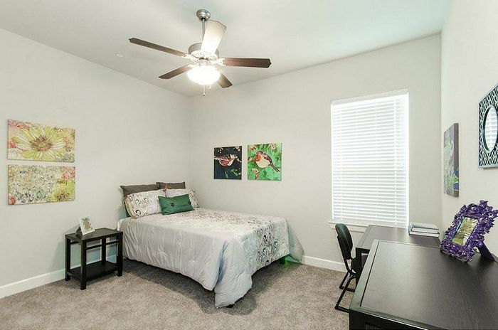 Bright and cozy bedroom featuring elegant decor, a comfortable bed, and ample natural light from a large window.