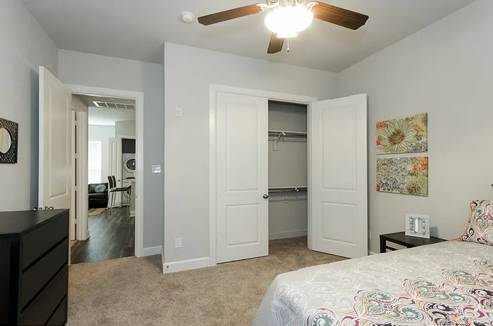 Bright and airy bedroom with stylish ceiling fan and open closet, leading to a cozy living area with modern decor.