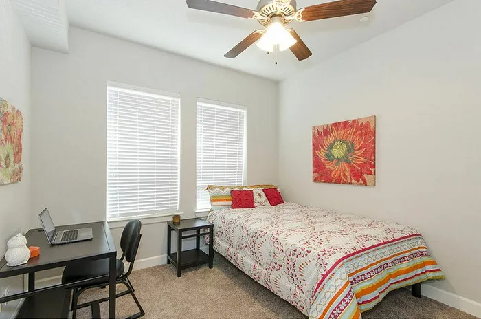 Bright bedroom with a colorful bedspread, modern ceiling fan, and a cozy workspace. Ideal for relaxation and productivity.