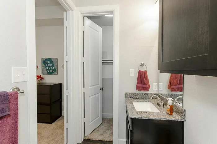 Elegant bathroom featuring modern granite countertop and spacious mirror, seamlessly connected to a cozy carpeted bedroom with stylish decor.