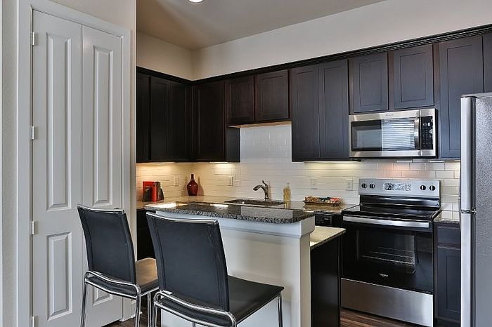 Contemporary kitchen with sleek dark wood cabinets, granite countertops, and modern stainless steel appliances.