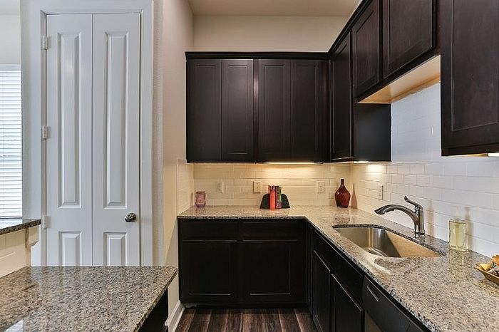Modern kitchen with elegant dark wood cabinets, sleek granite countertops, and stylish lighting.