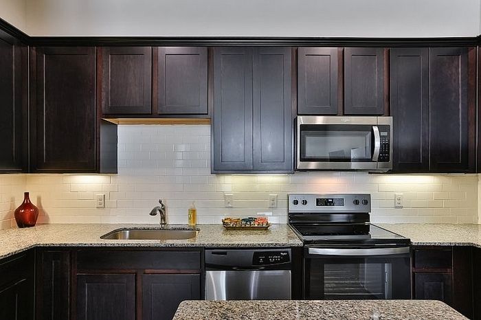 Modern kitchen with sleek dark cabinetry, stainless steel appliances, and elegant granite countertops.