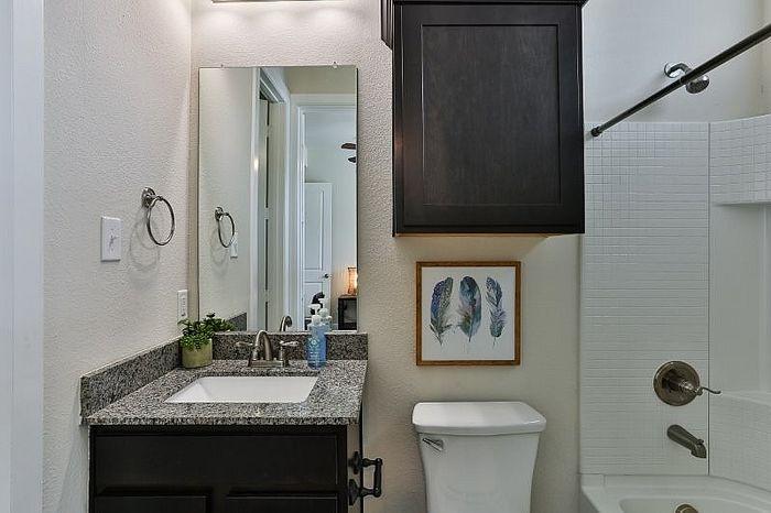 Modern bathroom with granite countertop, sleek cabinetry, and elegant decor featuring feather artwork.