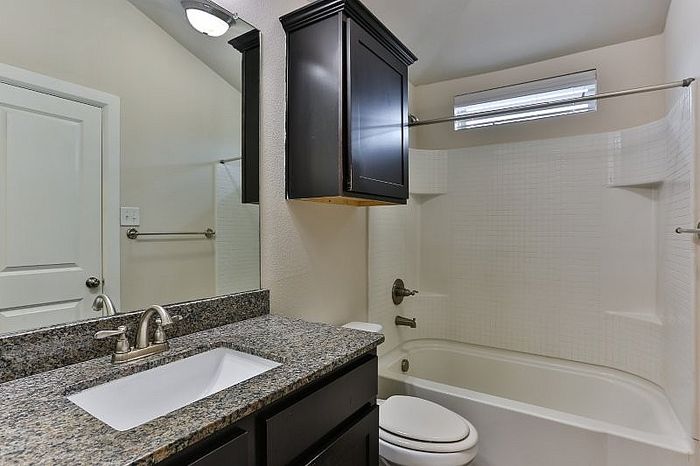 Elegant bathroom with granite countertop, stylish dark cabinetry, and a modern bathtub, offering a luxurious feel.