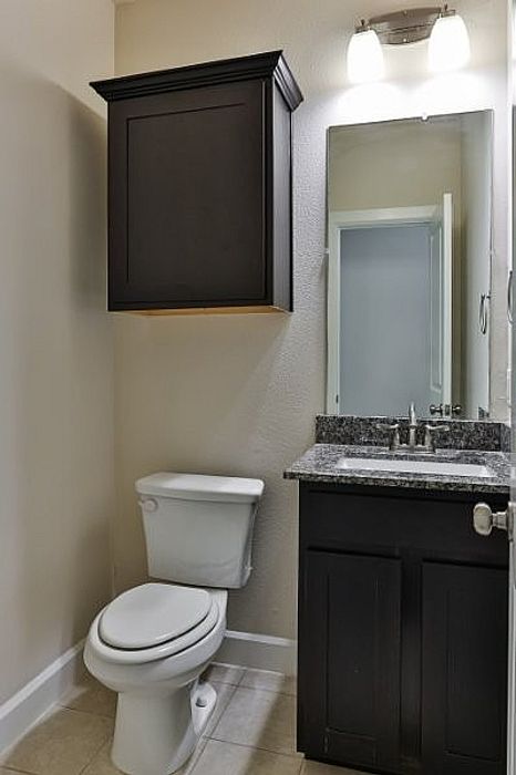 Contemporary bathroom featuring sleek dark cabinetry, elegant granite countertop, and modern lighting.