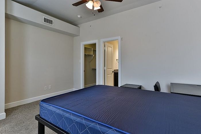 Spacious bedroom with a luxurious mattress, ceiling fan, and convenient walk-in closet access.